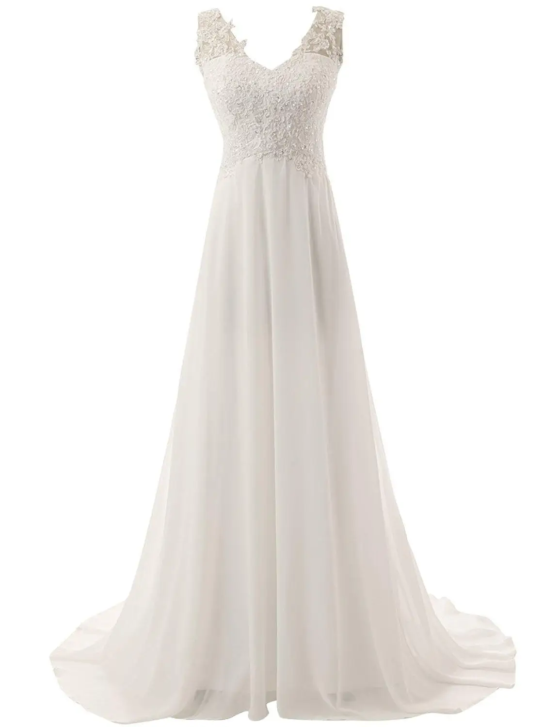 Classic Una Linea di abito da sposa con scollo a v abito da sposa senza maniche bianco/avorio cerimonia nuziale del treno della coda vestito chiesa di applique del merletto abito da sposa