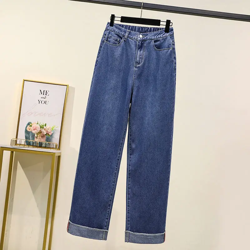 

2022 Fall New 5XL Jeans Women's High Waist Straight Long Denim Pants Blue Loose Wide Leg Trousers Female e390