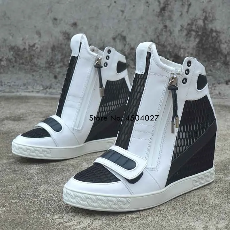 

Модные сетчатые ботильоны в стиле пэчворк, увеличивающие рост, 8 см, женская повседневная обувь на танкетке с открытой платформой, черно-белая смешанная обувь