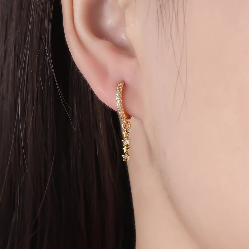 Vintage Light Luxury Stainless Steel Earrings Zircon Star Connected Pendant Hoop Earrings For Women Sweet Party Wedding Jewelry