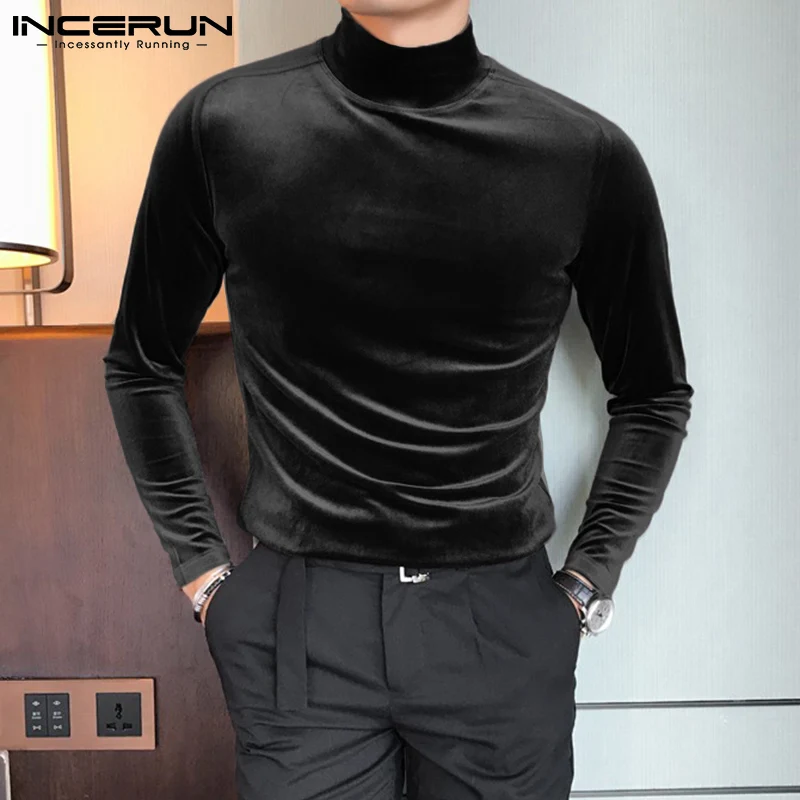 INCERUN 2024 Men T Shirt Velour Turtleneck Long Sleeve Leisure Undershirt Solid Color Streetwear Fashion Casual Tee Tops S-5XL