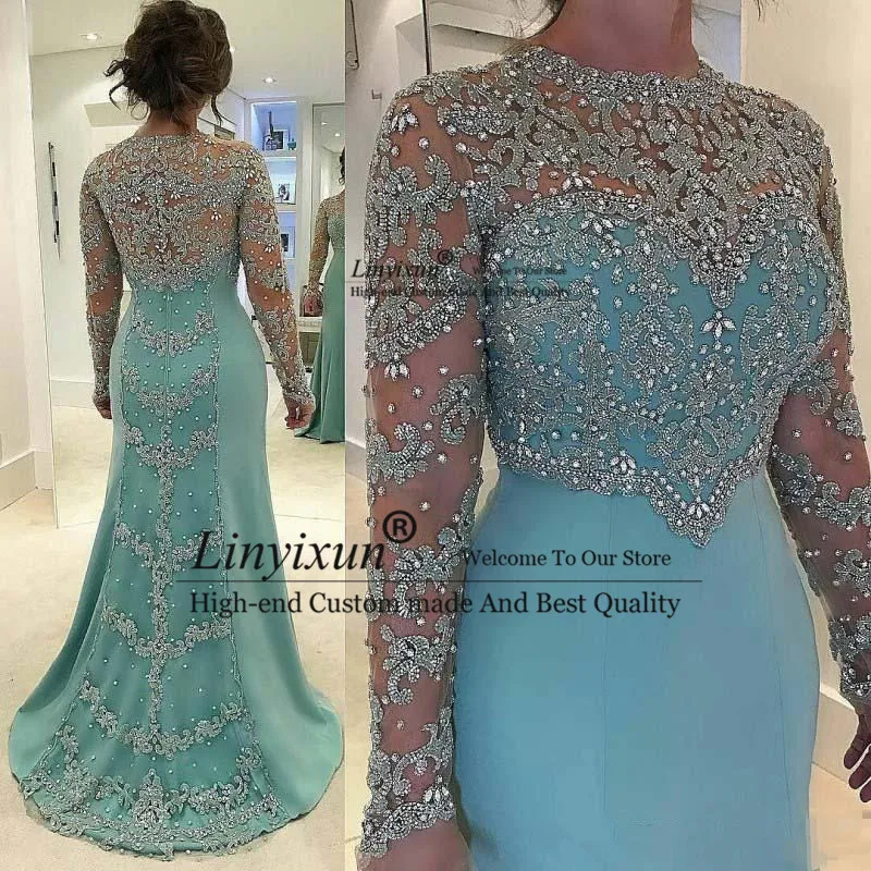 Mint Green Mermaid Evening Dresses Hot ขายใหม่แขนยาวลูกปัดคริสตัล Appliqued ลูกไม้เจ้าสาวเกสต์ชุดชุดราตรียาว