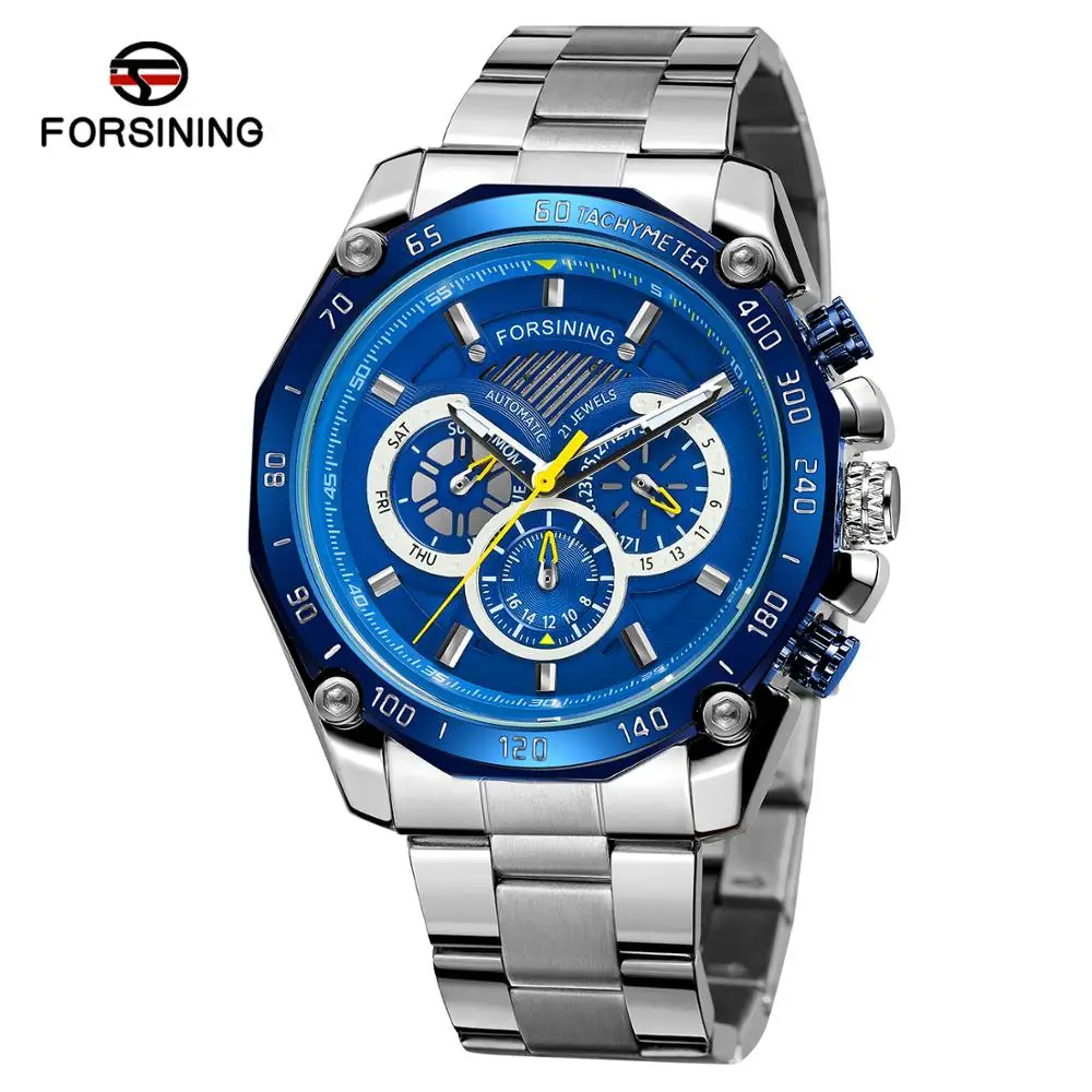 Forsining Blue Ocean Design Silber Stahl 3 Zifferblatt Kalender Display Herren automatische mechanische Sport Armbanduhren Top-Marke Luxus