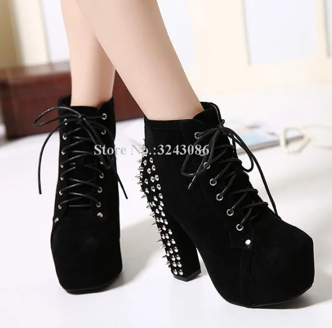 Women Black Leather Rivets Ankle Boots Fashion Lace-up Chunky Heel Spikes Short Boots Lady Large Size Dress Banquet Shoes