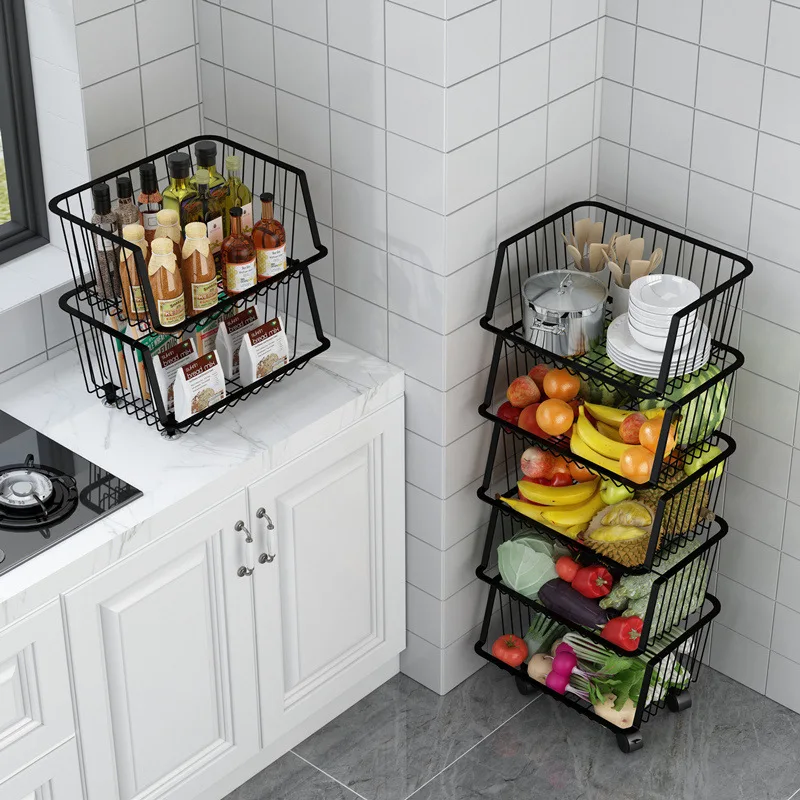 

Black Carbon Steel Storage Rack Holder Vegetable Fruit Kitchen Organizer Home Floor with Wheels Multi-layer Mobile Shelf