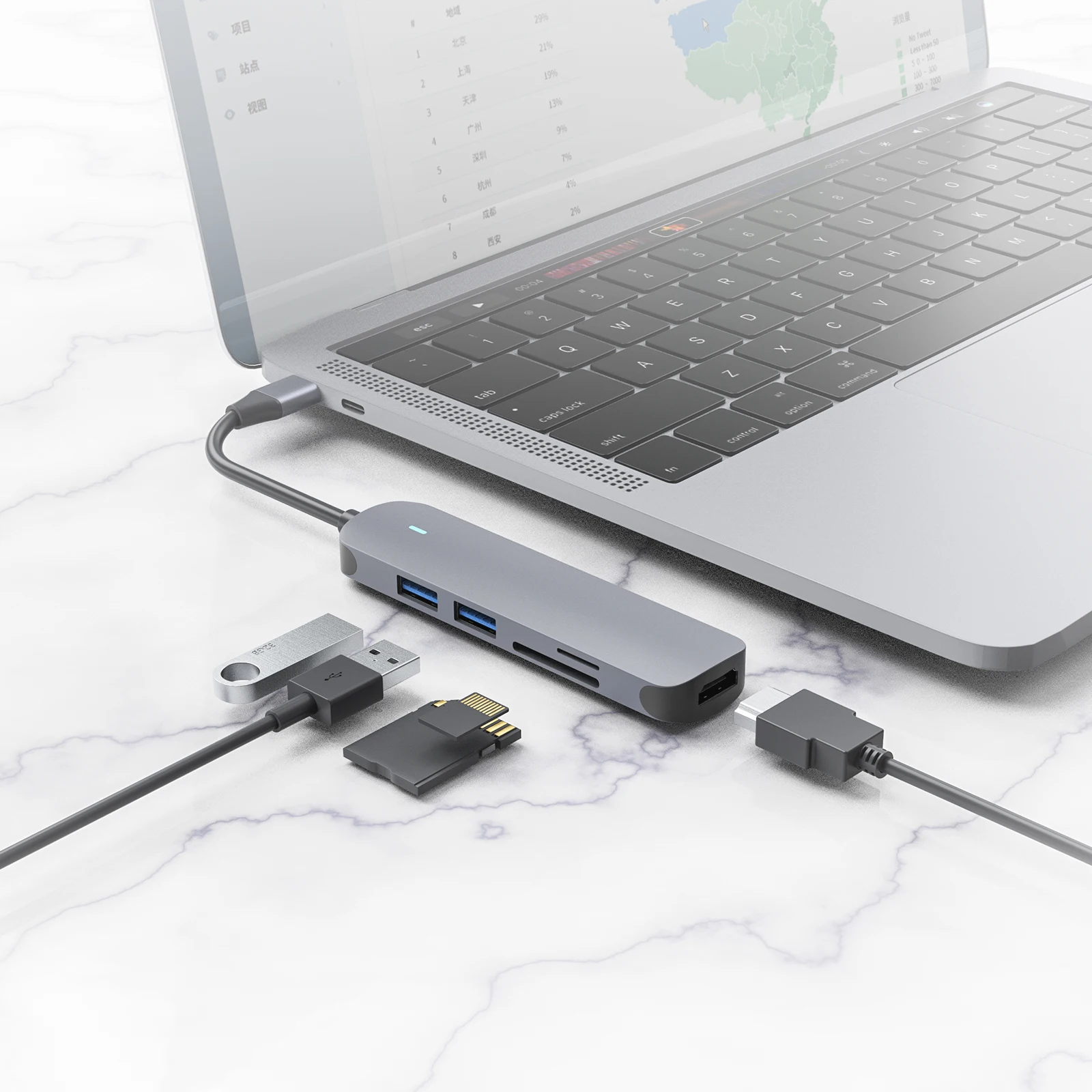 HUO JI – Hub USB type-c vers HDMI 5 en 1, adaptateur avec sortie HDMI 4K, Compatible avec lecteur de carte SD/TF, USB 3.0