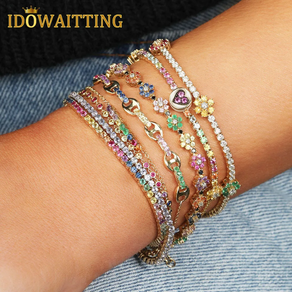 2025 New Rainbow CZ Jewelry Geometric Colorful Cubic Zirconia Gold Color Coffee Beaded Sparking Link Chain Bracelet Adjust