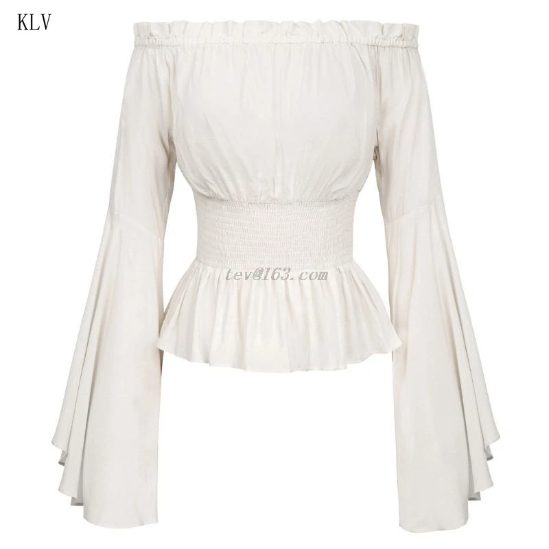 Womens Gothic Renaissance Blouse Flare Sleeves Ruffles Off Shoulder Corset Tops Victorian Cosplay Costume Pirate Shirt