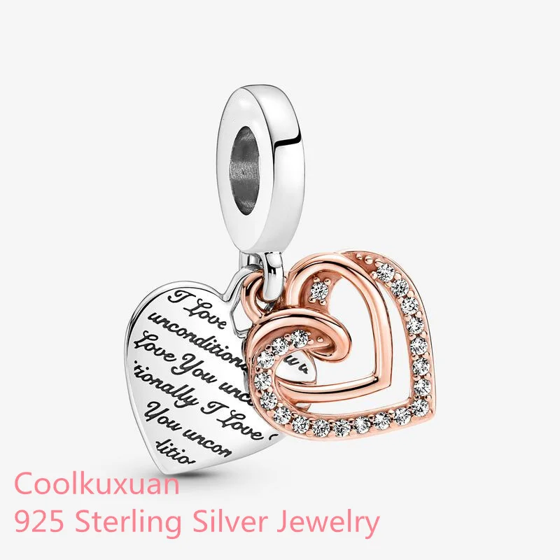 

925 Sterling Silver Entwined Hearts Double Dangle Charm beads Fits Original Pandora bracelets Jewelry 2022 Valentine's Day