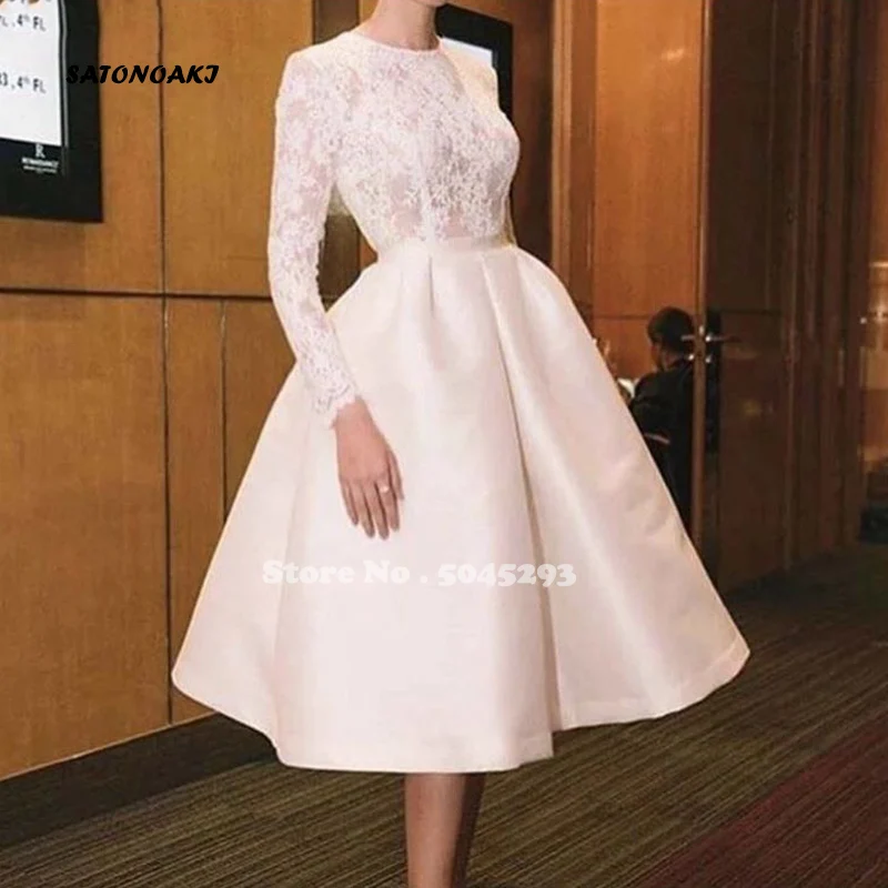 New Arrival muzułmańskie krótkie suknie wieczorowe O-Neck koronkowe pełne rękawy Tea długość formalne suknie na przyjęcie Vestidos De Fiesta niestandardowe