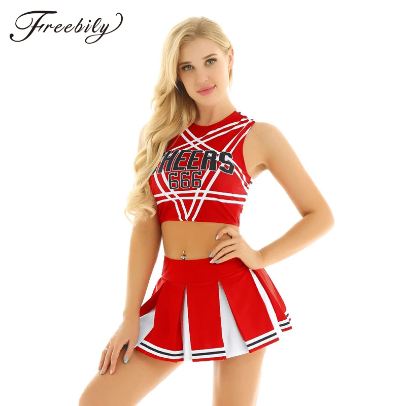 

Women Adult Charming Cheerleader Uniform Cosplay Fancy Clubwear Costumes Pentagram Back Crop Top with Mini Pleated Skirt Set