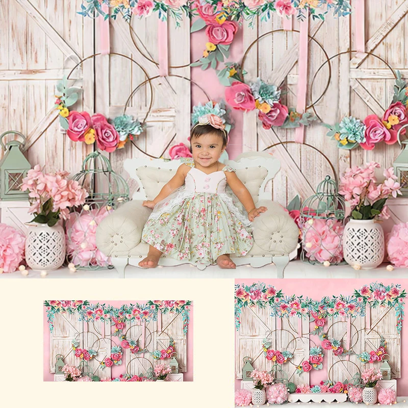 

Sweet Girl-Newborn Portrait Backdrop Girls Artistic Photo Background Baby Cake Smash Floral Wood Door Photography Backdrop