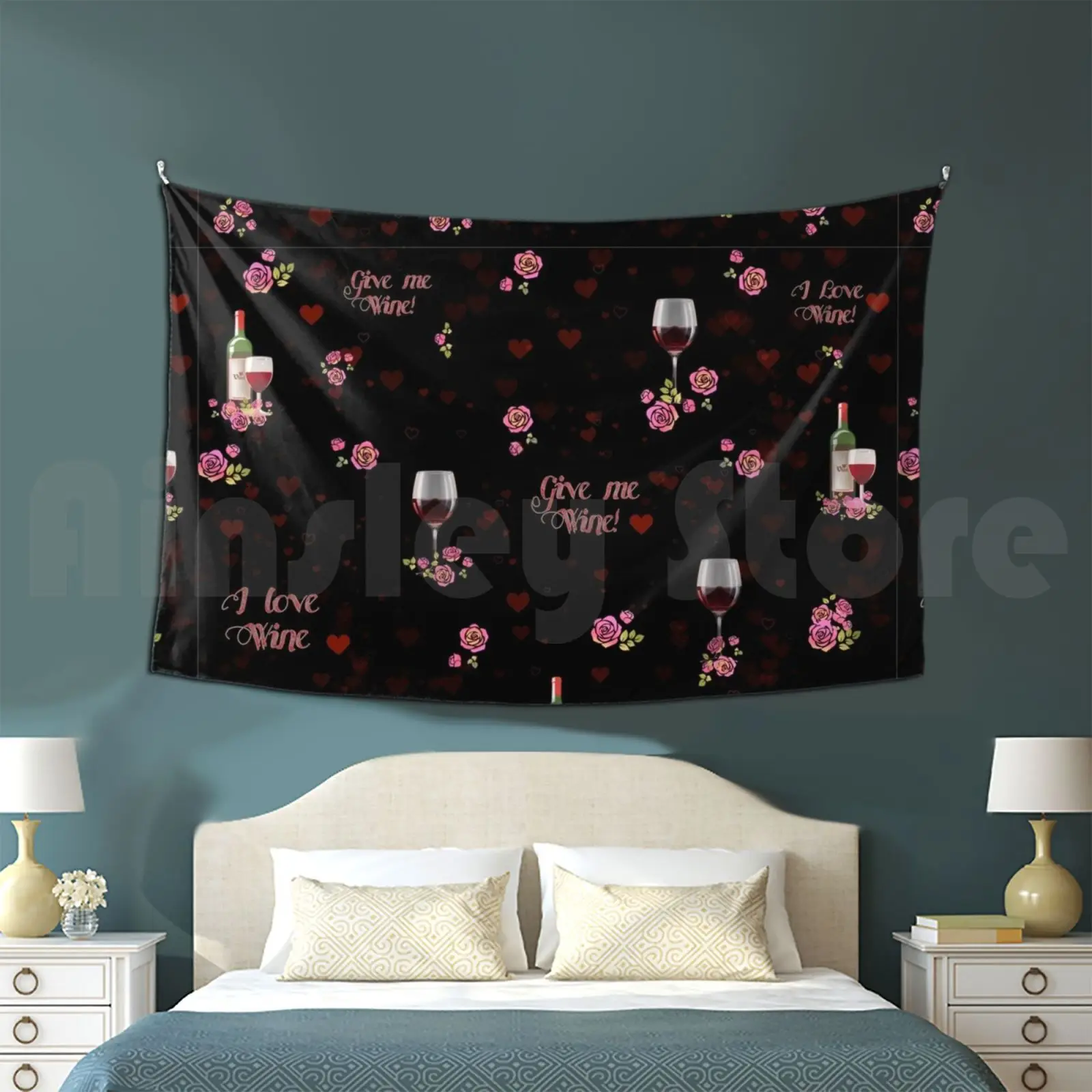 Wine Is Good! Tapestry Living Room Bedroom Wine I Love Wine Food Drink Beer Pinup French Red Wine Roses Floral