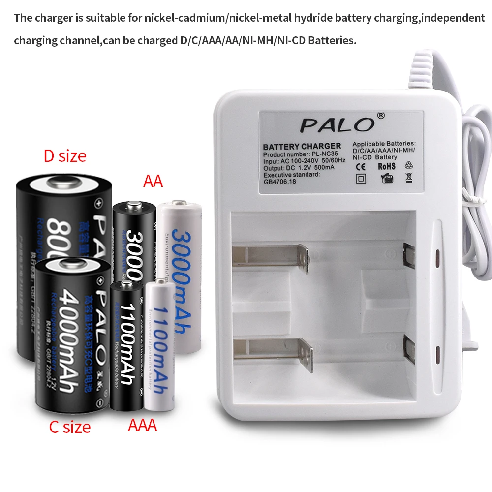 PALO 2-8pcs D size rechargeable battery type D battery 1.2V NI-MH rechargeable D battery 8000mAh R20 Rechargeable battery