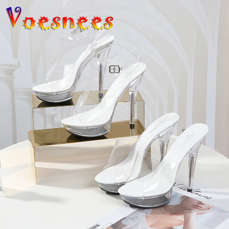 Voesnees Stripper Shoes 2021 New Summer Woman Sandals Elegant High Heels 13 CM Clear Fine Mules Platform Outside Ladies Shoes