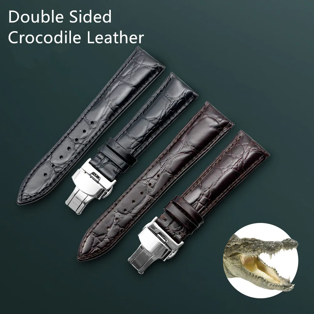 Double Sided Genuine Crocodile Leather Watchband 14 16 18 19 20 21 22mm Watches Strap Coffee Black Butterfly Buckle Watch Band