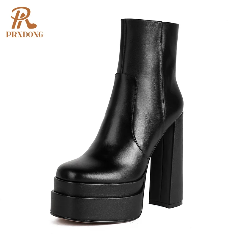 2021 Top Quality Ladies Boots Genuine Leather Women Ankle Boots Zipper High Heel Platform Female Shoes Concise Retro Black White