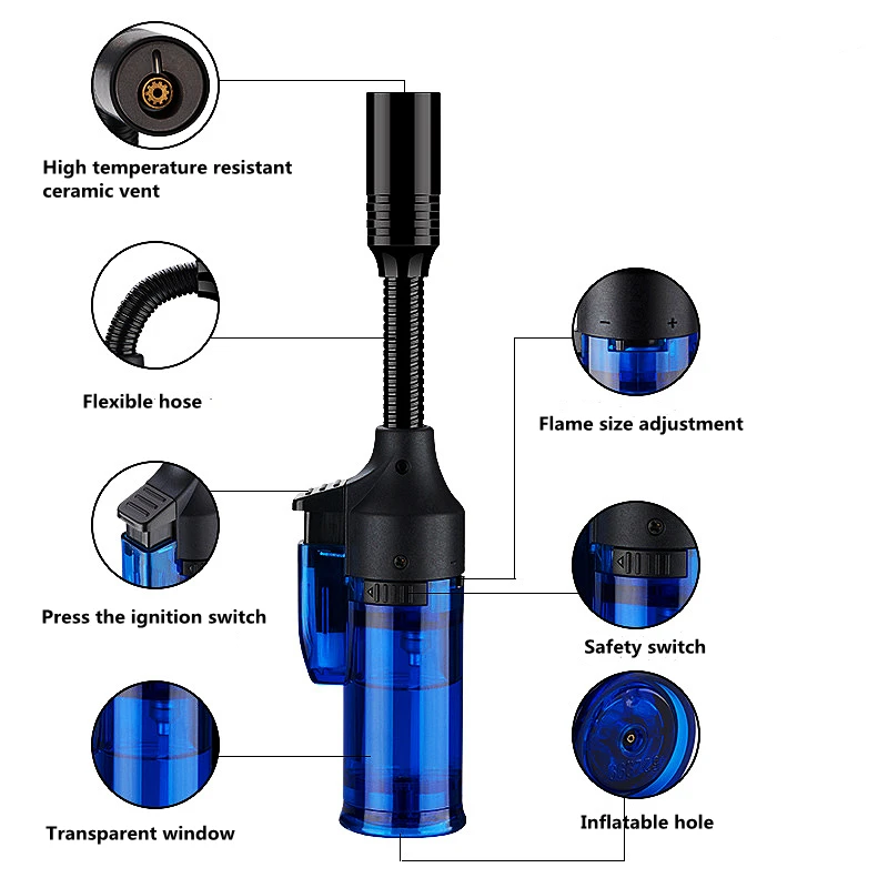 Portable Windproof Outdoor BBQ Lighter Jet Long Hose Torch Lighter Butane Gas Kitchen Igniter Pipe Cigar Lighter Camping For Man