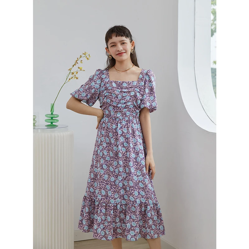 ZIQIAO Japanese Casual Dress Office Women Puff Sleeve Floral Dress 2021 Summer New French Square Collar Purple High Waist Dress