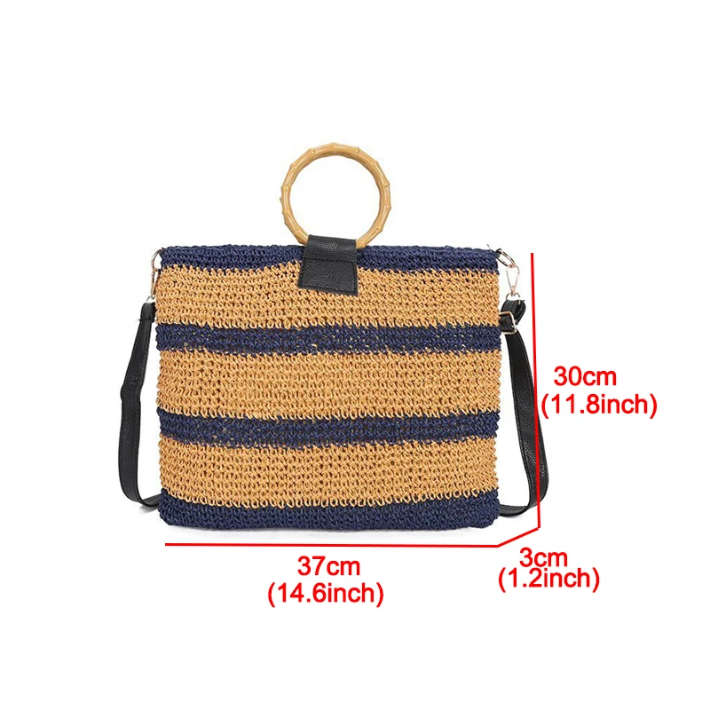 Casual Striped Straw Bags Bamboo Handle Women Handbags Wicker Woven Shoulder Crossbbody Bag Rattan Summer Beach Large Tote 2021