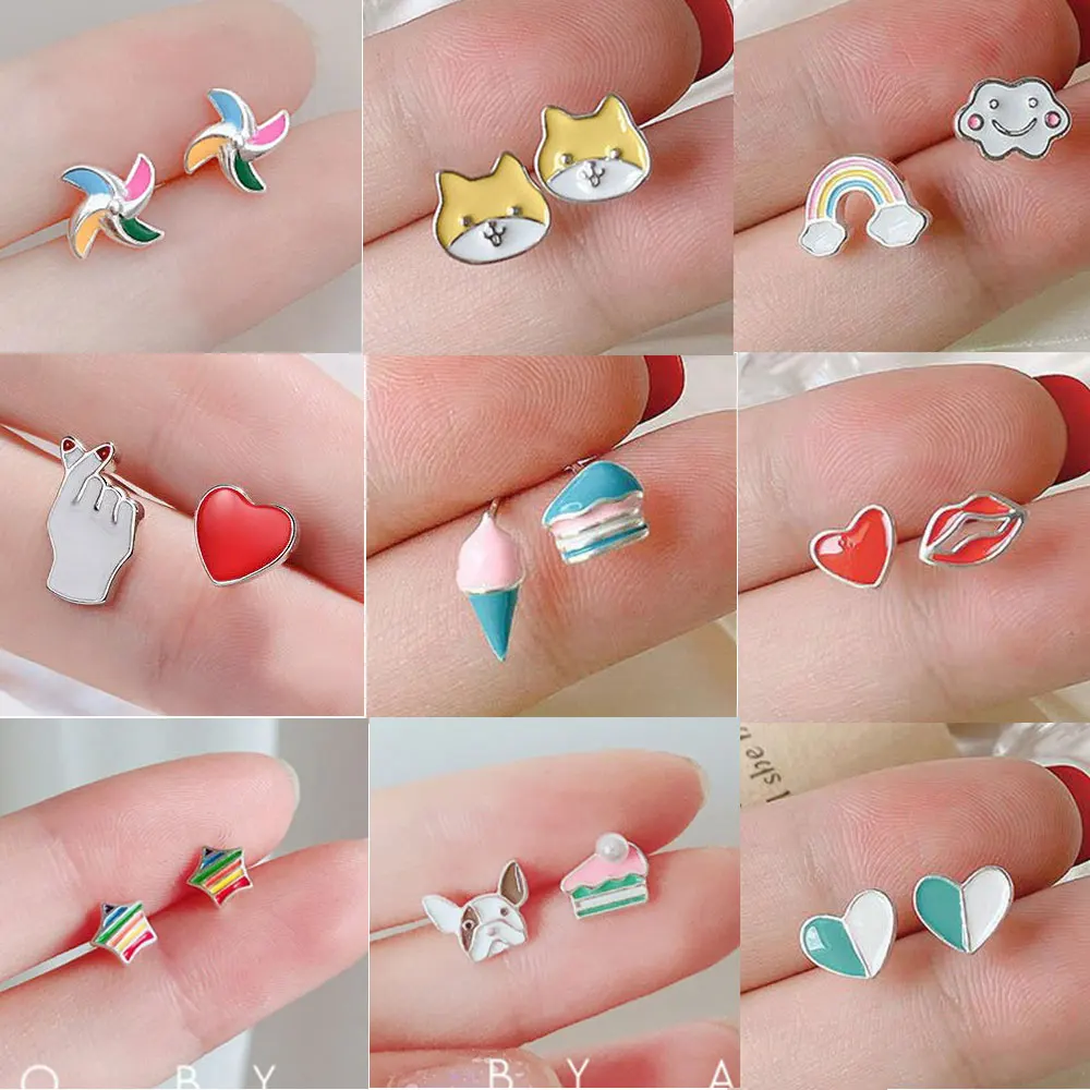 Colorful Enamel Earrinmgs Cute Animal Crab Dolphin Windmill Flower Bird Ladybug Butterfly Mini Simple Stud Earrings Jewelry