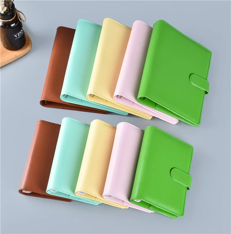 Macaron Kleur A5 A6 6 Ringband Pu Clip-On Notebook Lederen Losbladige Notebook Cover Notebooks Journal Kawaii briefpapier