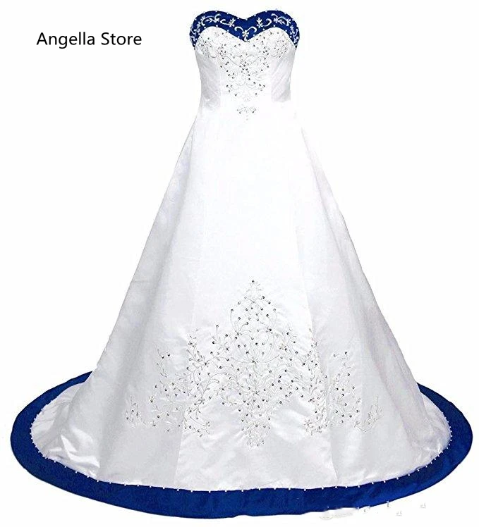 Vestido de novia con bordado de satén para mujer, traje elegante de corte largo, línea A, color azul real y blanco, 2024