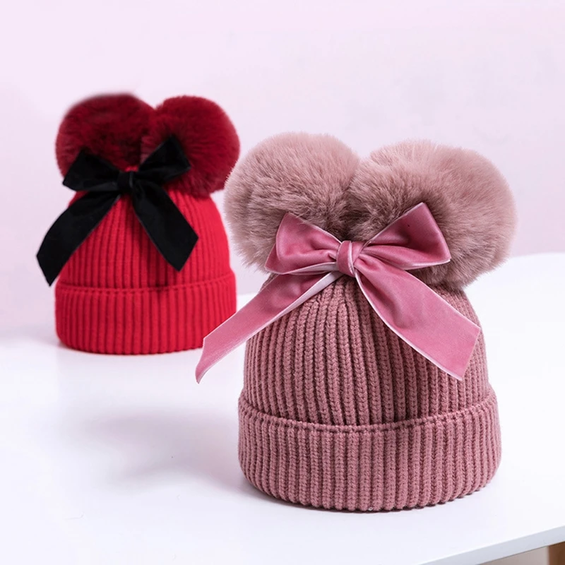 Baby Stuff Double Pompom Hat Winter Knitted Kids Girl Warm Thicker Children Infant Beanie Cap Bonnet 6 Month-3 Years