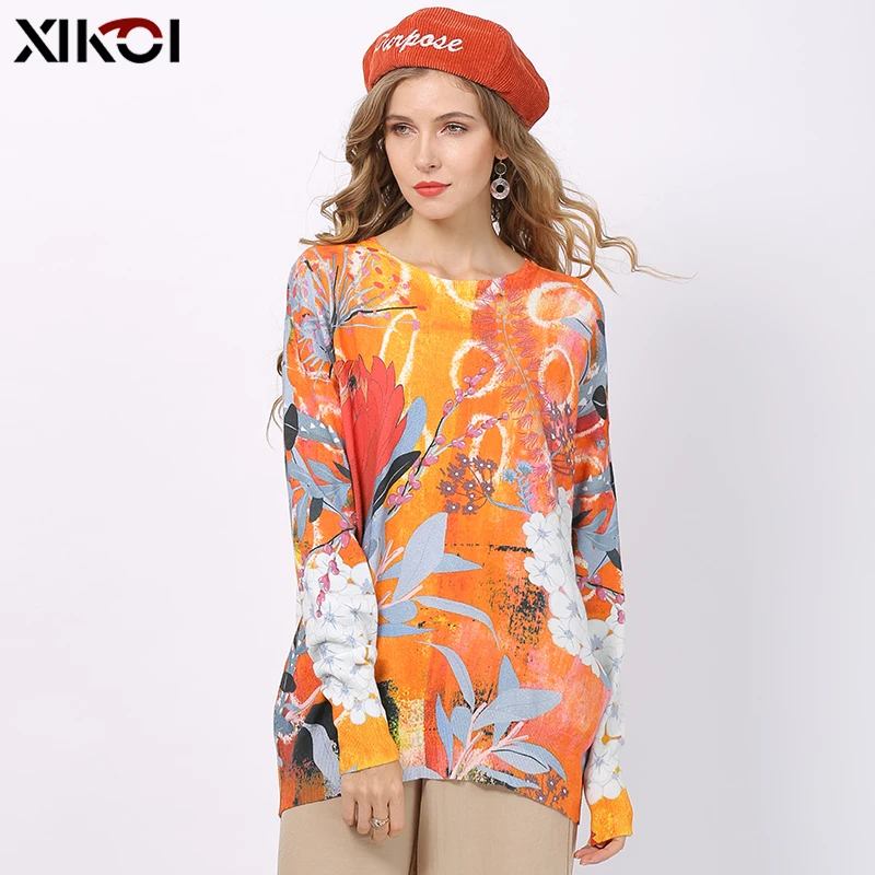 XIKOI Fashion Print Sweater For Women Winter Oversized Pullover Autumn Long Sleeves O-Neck Jumper Knitted Pull Femme Plus Size