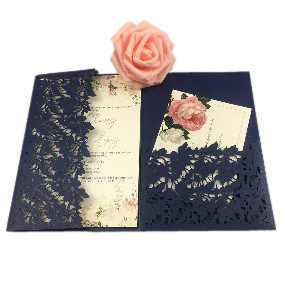 Free Shipping 50pcs White Ivory Navy Peach Laser Cut Leave tri-fold Wedding Invitation Cards Kit customized Invite Envelope RSVP