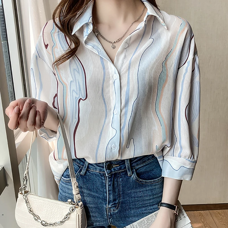 Shintimes Baju Blus Wanita Print Tiga Perempat Bergaris Atasan Musim Panas 2021 Baju Wanita Kancing Fashion Korea Chemisier Femme