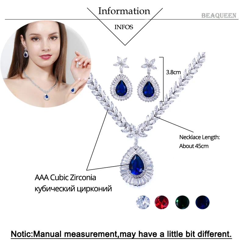 BeaQueen Sparking Royal Blue Cubic Zircon Flower Water Drop Earring Necklace Pendant Sets Dinner Party Jewelry Accessories JS032