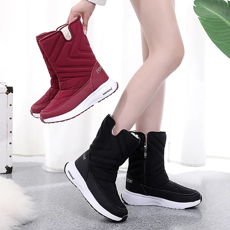 Snow Boots Women Shoes Waterproof Platform Boots Warm Plush Fur Mid-Calf Boots Winter Shoes Female Fahion Zipper Casual Sneakers