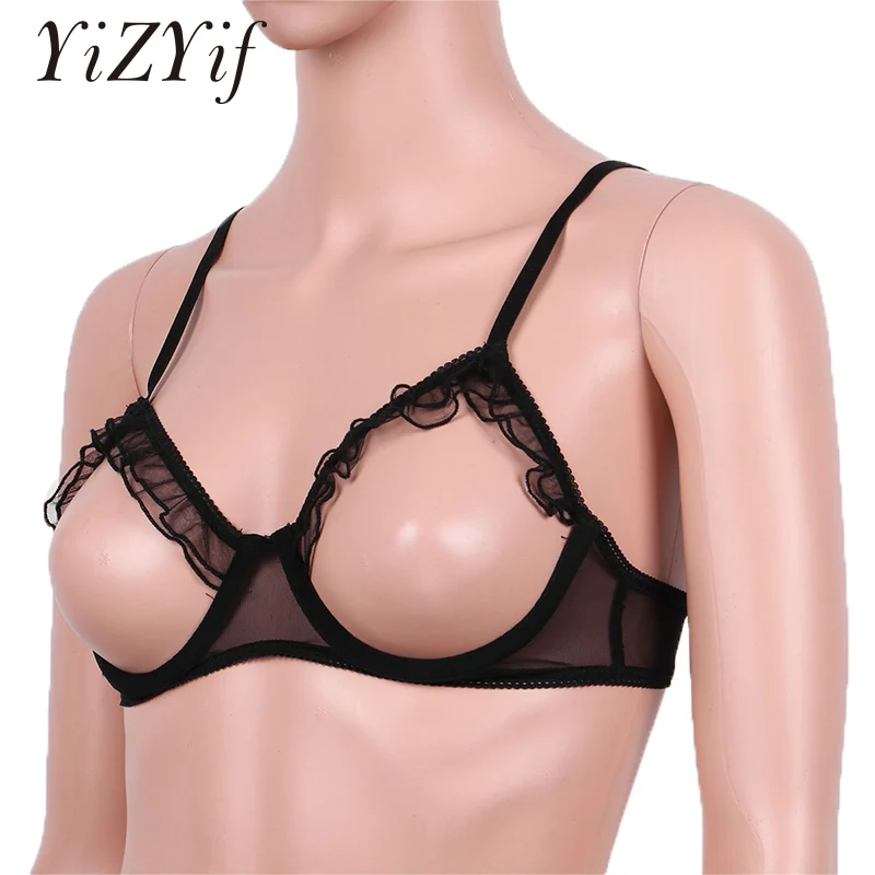 Womens Sexy Ruffles Open Cups Bra Tops Erotic See Through Sheer Mesh Lingerie Bare Breast Underwired Bra Top Nigthwear Sleepwear