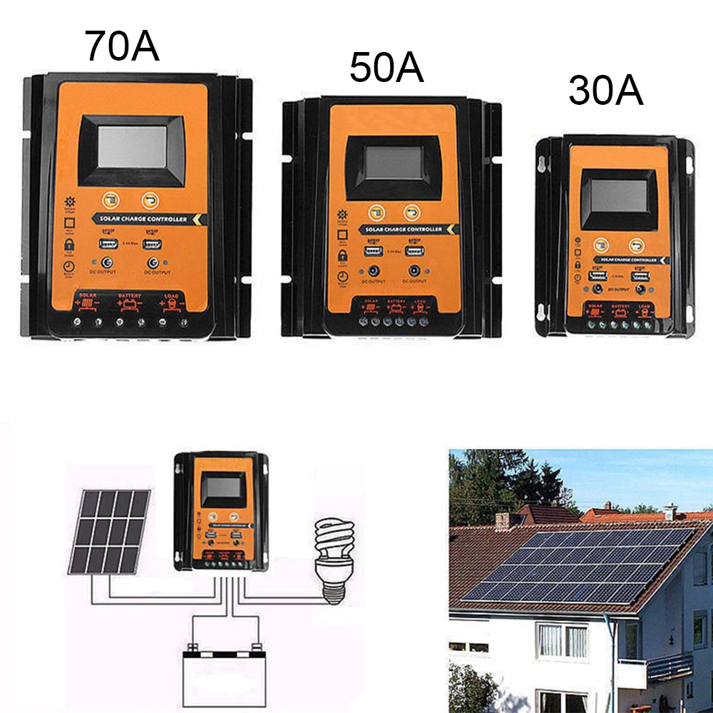 

1PCS Solar Charge Controller 12V 24V 30A 50A 70A IP32 Waterproof Panel Battery Regulator Dual USB LCD Display English Manual