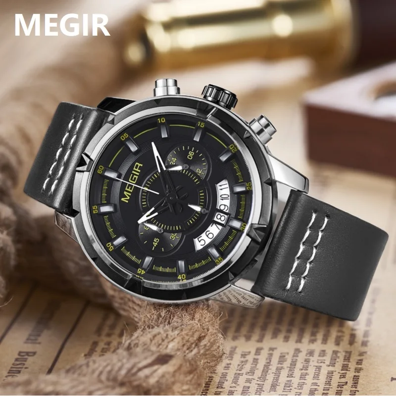 MEGIR Sport Men Quartz Watch Multifunction Chronograph Fashion Wrist Watches Clock Men Relogio Masculino with Leather Strap 2047