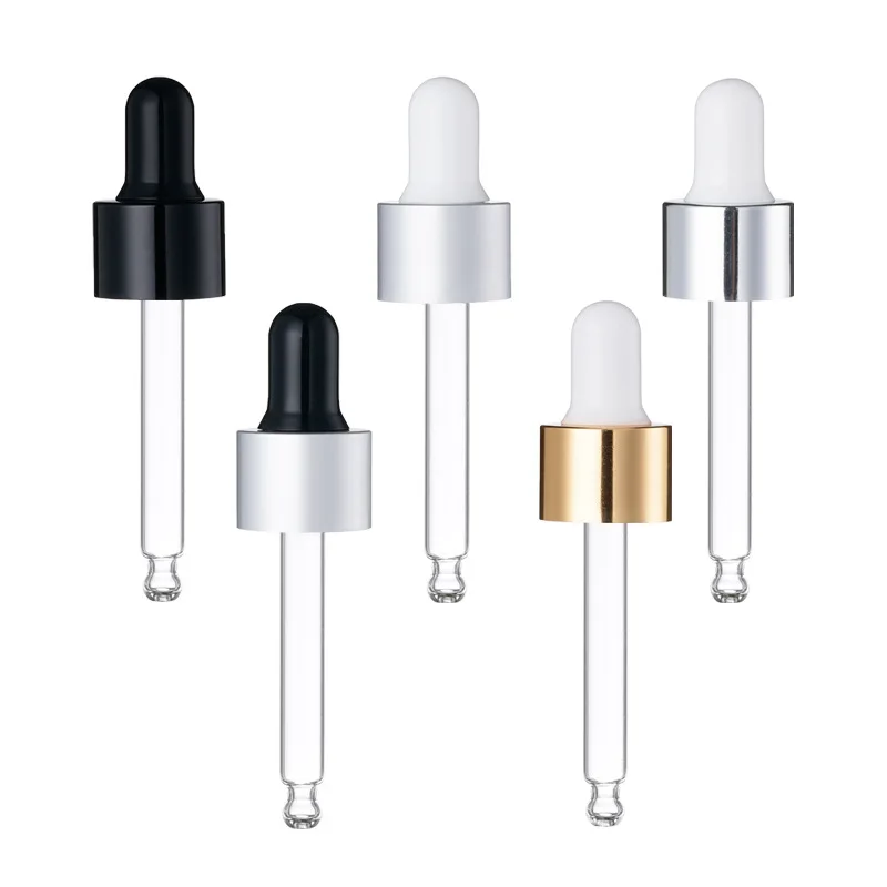 

Glass dropper caps with glass Pipette aluminium collar rubber top Black Silver Gold Matte Shiny Lids 5ml 10ml 30ml 50ml 100ml