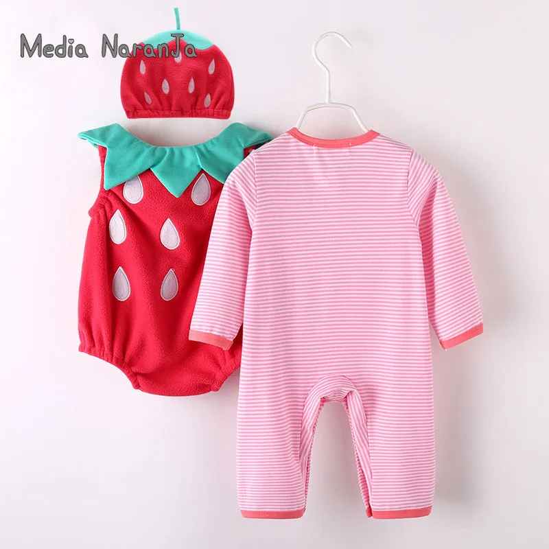 Tenue pour bébé fille, barboteuse à manches longues + chapeau + gilet, motif fraise, vêtements de photographie de Pourim, festival d\'Halloween