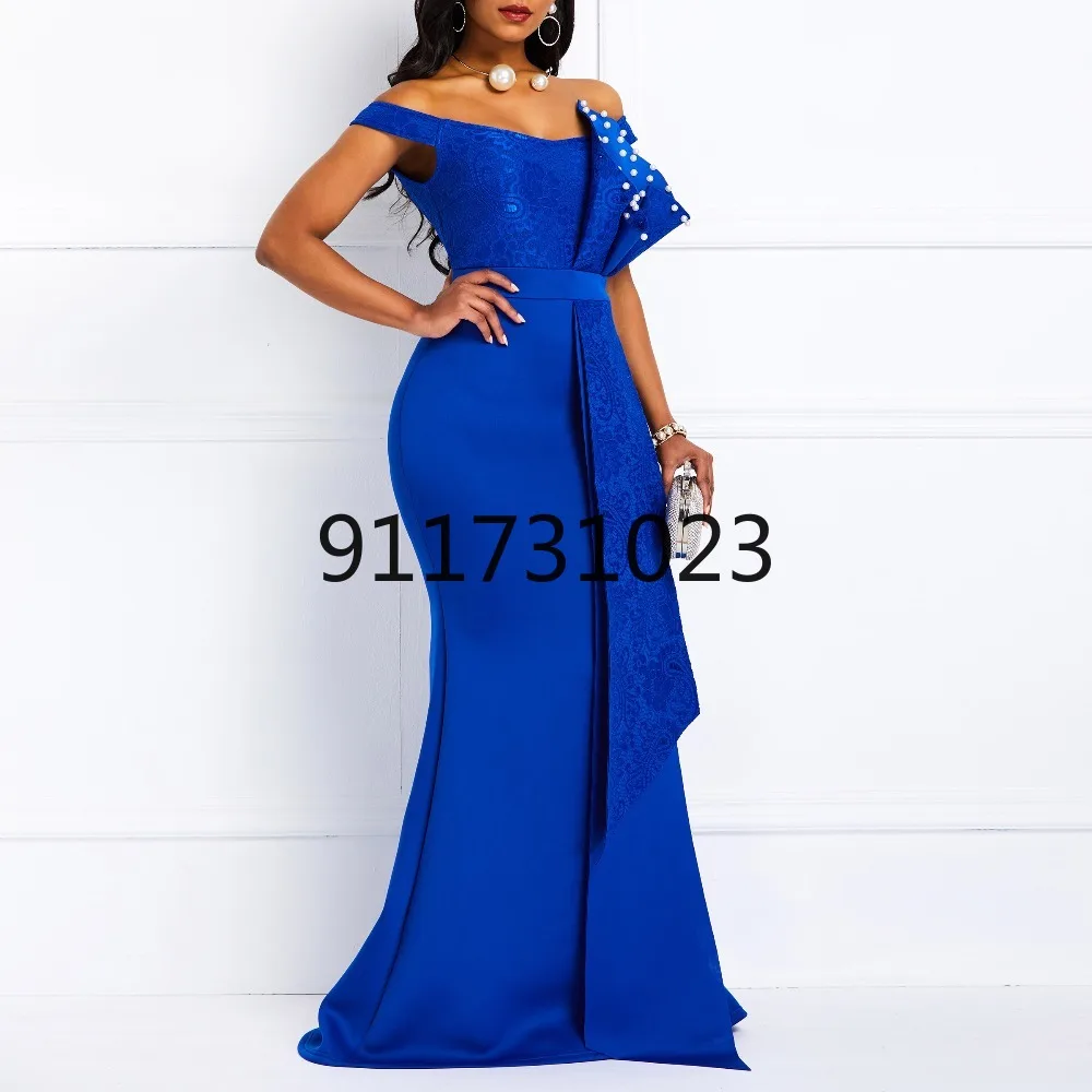 Women Off Shoulder Long Dress Sexy Mermaid Slash Neck Beads Skinny Prom Evening Fashion dress Lace Elegant Party Maxi Dress