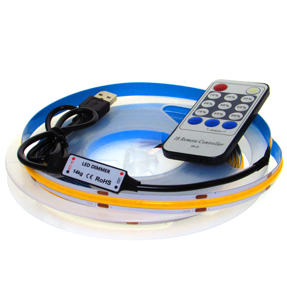 DC 5V FOB COB LED Strip Light USB High Density 320LEDs/m Flexible Tape Diode Soft FCOB USB LED Strip Dimmable Remote Control Kit