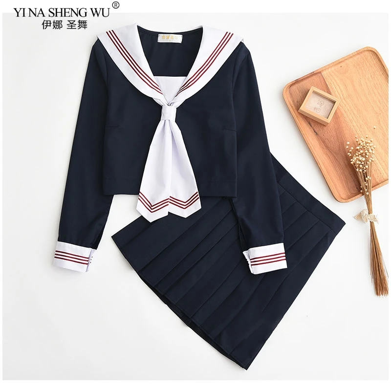 Scuola giapponese Navy Blu Uniformi JK Gonna A Pieghe Vestiti Alla Marinara Bianco Collegio Vento Vestito Della Ragazza Studenti Uniformi Costumi Cosplay