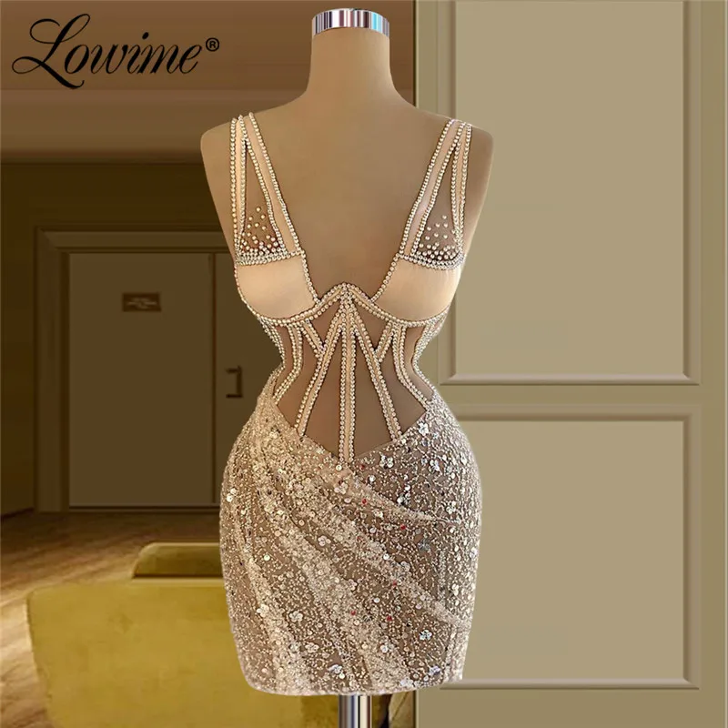 Lowime 4 Designs ค็อกเทลเซ็กซี่ชุด2022ลูกปัดแชมเปญชุดราตรีสำเร็จการศึกษา Custom Made