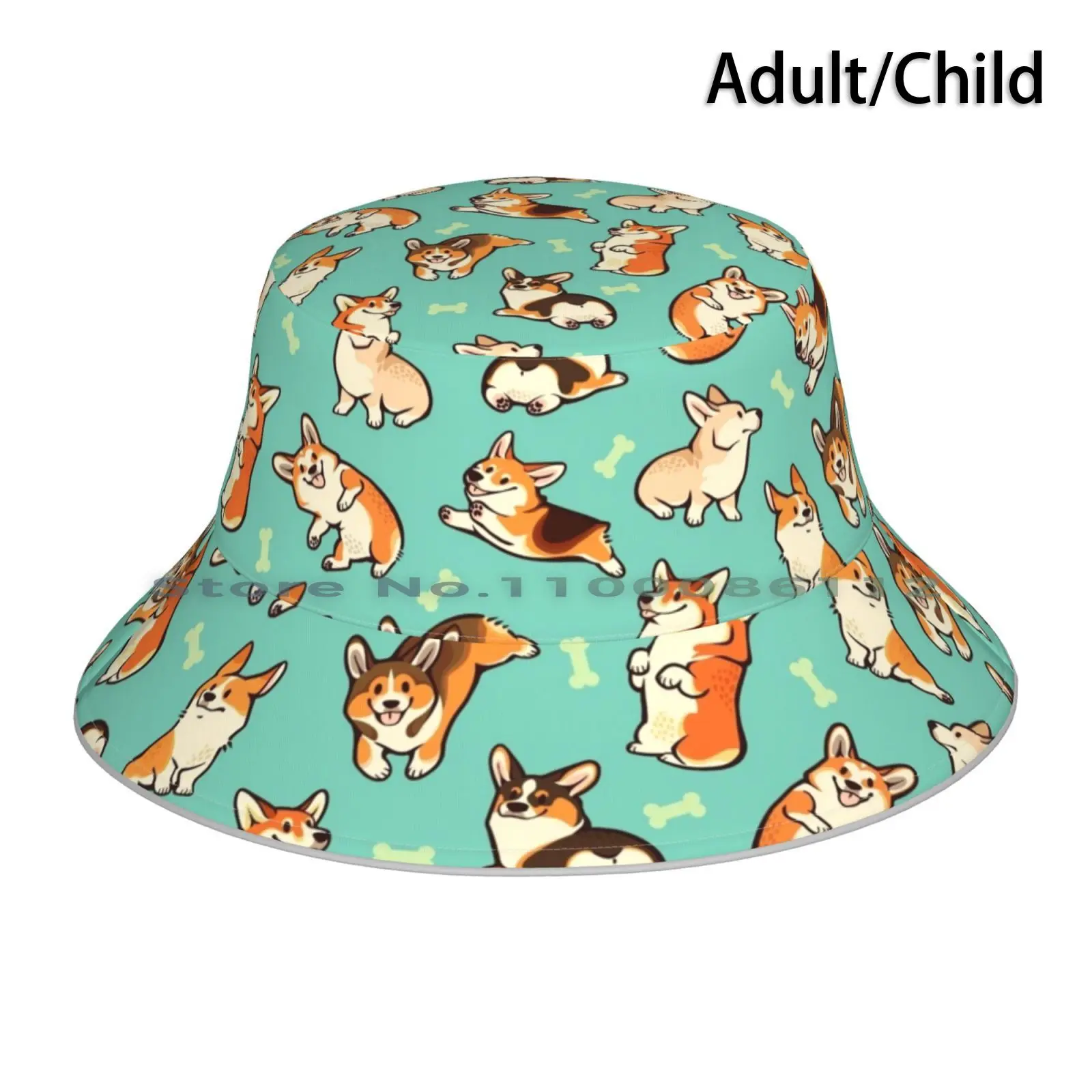 Jolly Corgis In Green Bucket Hat Sun Cap Pembroke Welsh Corgi Dog Pattern Cute Green Foldable Outdoor Fisherman Hat