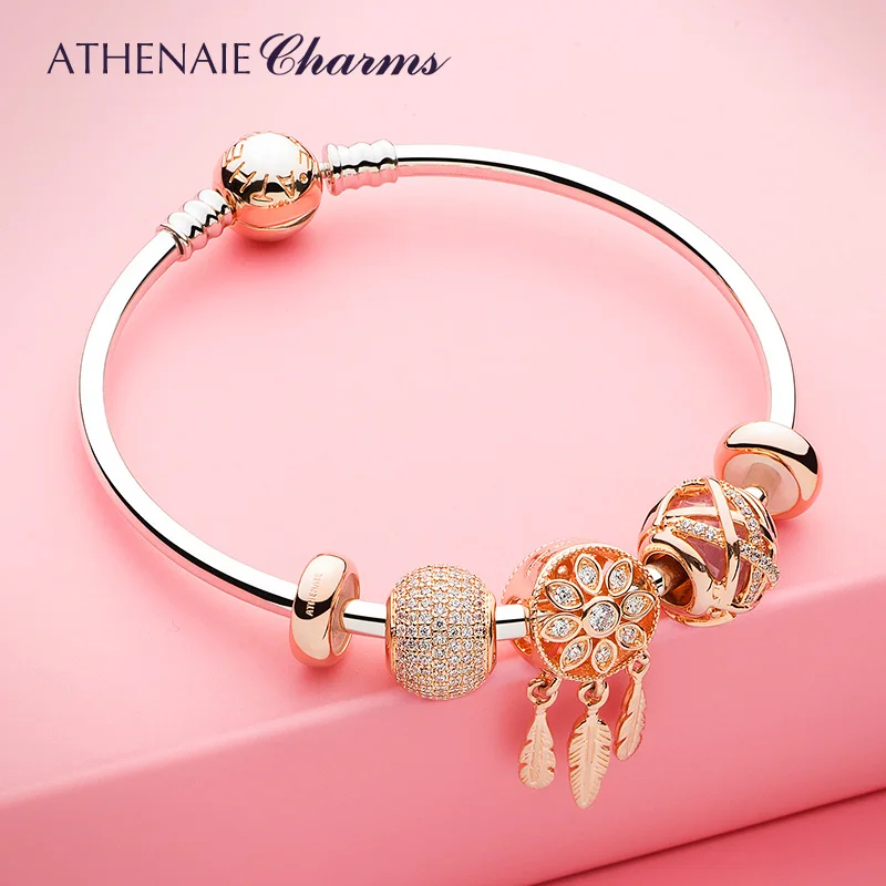 ATHENAIE 925 Sterling Silver Rose Gold Spiritual Dreamcatcher Charms Beads Fit Bracelet For Women Jewerly Valentine Day Gift