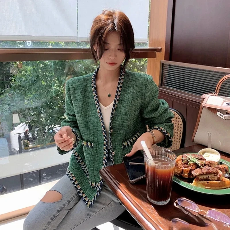 Green High Quality French Vintage Small Fragrance Tweed Women\'s Spring Autumn Casual Fried Street Short Suit Coat Outwear