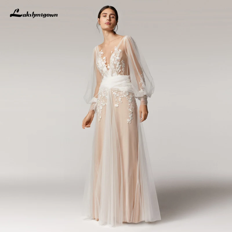 Vestidos de novia Vintage de encaje champán, apliques de manga larga, bata larga Hochzeit, novedad de 2022