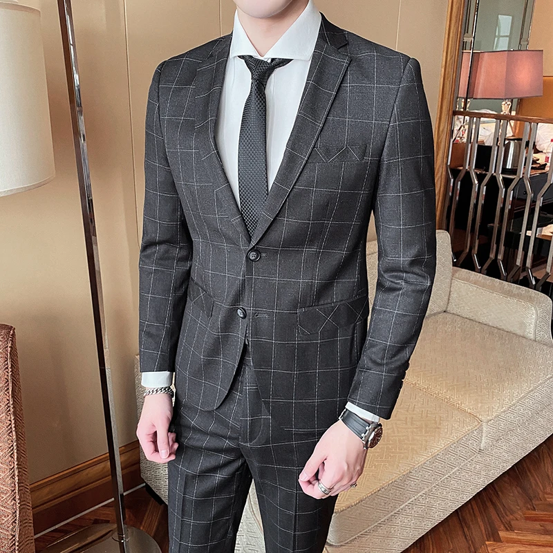 

Men Suits For Wedding Fashion 2020 New Plus Size Casual Plaid Suit Men Slim Fit Groom Tuxedo All Match Formal Wear Dark Gray 4XL