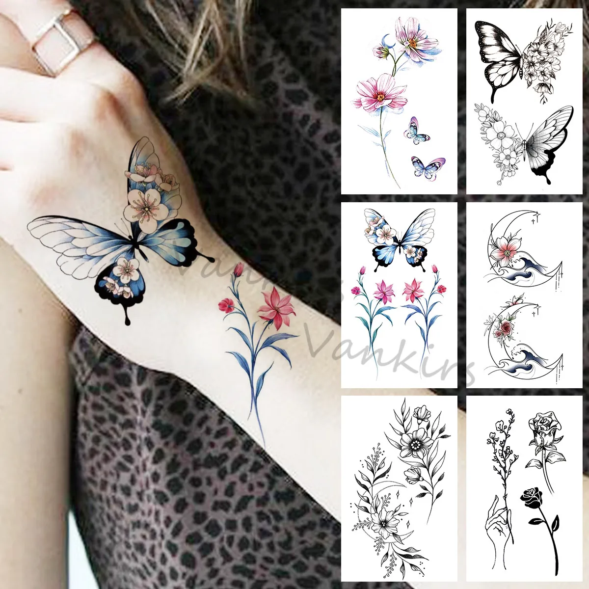 Colorful Butterfly Temporary Tattoos Small For Women Realistic Moon Dahlia Waves Fake Tattoo Sticker Arm Leg Tatoos Summer Style