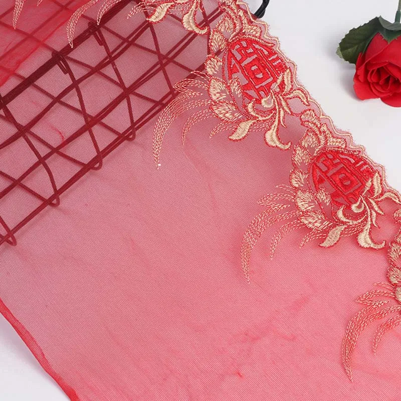 

20Yards 21cm Wide Red Embroidery Lace Trim Gold Thread Tulle Ribbon Wedding Fabric Bridal Bra Underwear Clothing