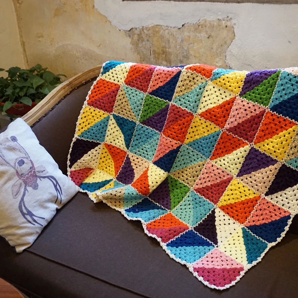 Handmade Granny Square crochet blanket Hand hooked colourful crochet sofa blanket cushion felt pastoral style home&living gift